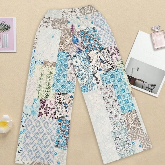 Grey Bohemian Women's Floral Ditsy Floral Patchwork High Waist Loose Pants - Picture 4 of 4